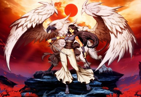 Stormdancer - anime, female, warrior, original, brave warrior, long hair, white eagle, flowers, anime girl, beautiful, girl, kimono, tagme, brown hair, fantasy, eagle, sunset, stormdancer, woman, fantasy girl, anime warrior, japanese