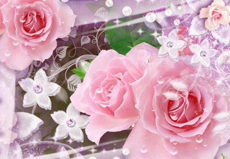 Love of Pink - glitz, roses, sparkle, pearls, summer, spring, fleurs, pink, feminine, leaves, flowers, glow, glitter, diamonds, shine