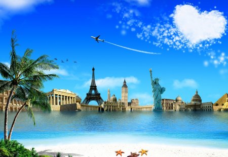 WONDERS of the WORLD - the statue of liberty, the pyramid, the sky, the sphinx, sea, creative, sand, the airplane, eiffel tower, starfish, the colosseum, the heart, palm tree