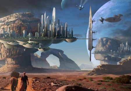 fantasy space art - rock formations, people, planet, ships, buildings