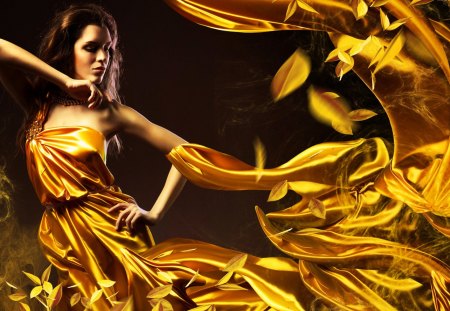 Golden Autumn Lady - pretty, fantastic, amazing, dress, great, leaves, womam, stunning, nice, outstanding, super, golden autumn, abstract, beautiful, girl, gold, wonderful, marvellous, season, lady, picture, awesome, autumn, skyphoenixx1, adorable, golden autumn lady, wallpaper