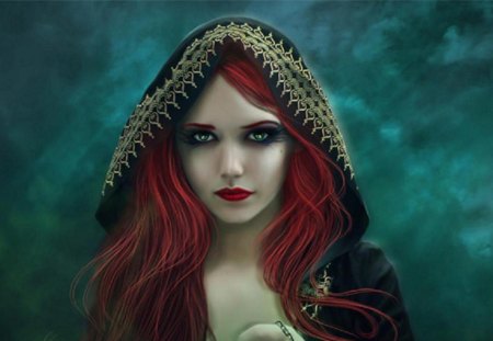 Beautiful Red Hair - red hair, fantasy, woman, beautiful, hood, green