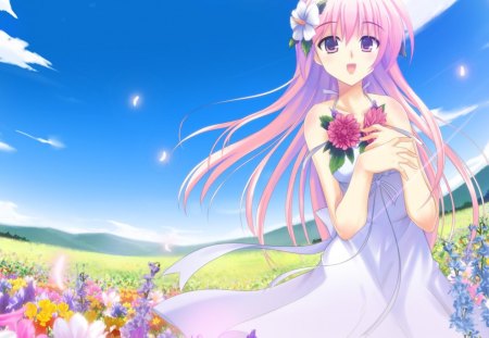 flower field - pretty, anime, female, scenery, blossom, windy, scene, dress, grass, long hair, view, garden, field, nice, pink hair, sky, breeze, gown, anime girl, beautiful, hot, girl, sundress, scenic, beauty, lovely, flower, petals, wind, cloud, cute, sexy