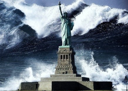 Statue of Liberty and Tsunami - Monuments, Statues, Tsunamis, Oceans, Landmarks, Architecture