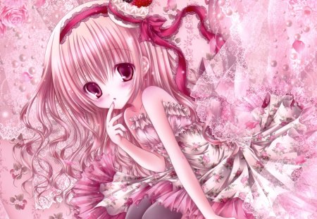 Pink Pink - pretty, anime, kawaii, female, dress, pink, adore, short hair, ribbon, pink hair, gown, anime girl, girl, lovely, sweet, red eyes, adorabel, cute