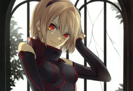 Black Suit - anime, anime girl, female, hot, window, girl, blonde, blonde hair, blond hair, red eyes, short hair, black, blond, cute, sexy