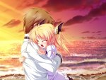 Konachan.com - 2383 beach blonde_hair blush clouds crying game_cg hug magus_tale nina_geminis sky tears tenmaso