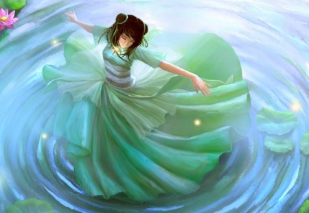 Water Dancer - pretty, anime, elegant, female, dress, long hair, gorgeous, dancing, nice, lotus, gown, anime girl, realistic, water, beautiful, hot, pond, girl, water lily, wet, beauty, lovely, cg, green, cute, dance, 3d, sexy