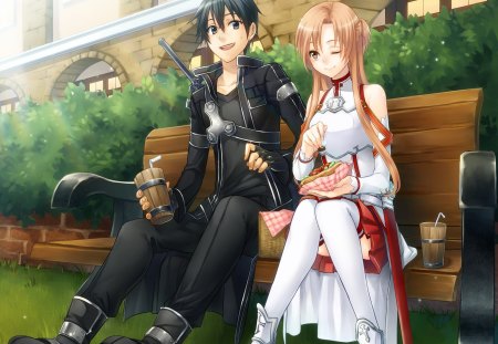 Early morning date - pretty, female, romantic, food, romance, wink, yuuki, rapier, sword art online, bench, weapon, sao, nice, asuna, hot, yuuki asuna, sword, beauty, love, knight, blade, cute, date, sexy, anime, breakfast, guy, long hair, boy, male, short hair, kirito, anime girl, beautiful, girl, morning, lovely, sweet, handsome, lover, couple