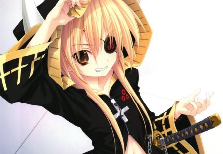 I'm a Bad Girl - anime, female, blonde, blond hair, dark, short hair, blond, plain, weapon, brown eyes, hat, anime girl, eyepatch, hot, girl, sword, simple, blonde hair, cap, blade, black, white, cute, sexy