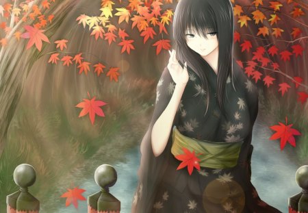 Black Kimono - anime, anime girl, female, hot, falls, girl, kimono, long hair, yukata, leaves, maples, black hair, cute, sexy