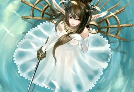 Warrior Princess - pretty, anime, elegant, divine, female, dress, long hair, sublime, gorgeous, rapier, weapon, nice, gown, anime girl, water, beautiful, hot, girl, sword, beauty, lovely, sweet, blade, cute, sexy