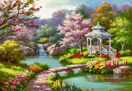 Spring gazebo - relax, calm, blossoms, spring, flowers, path, gazebo, place, paradise, nice, pond, blooming, fall, river, nature, serenity, retty, quiet, footbridge, creek, stream, forest, reflection, shore, scent, lake, art, falling, trees, water, beautiful, fragrance, lovely, rest, colorful, waterfall, painting, peaceful, bridge