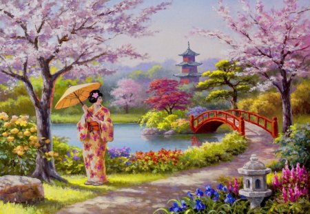 Geisha garden - pretty, quiet, relax, blossoms, geisha, spring, walk, alleys, flowering, flowers, path, shore, umbrella, garden, lake, nice, art, trees, beautiful, pond, girl, lovely, freshness, blooming, colorful, river, nature, lady, woman, painting, bridge, park