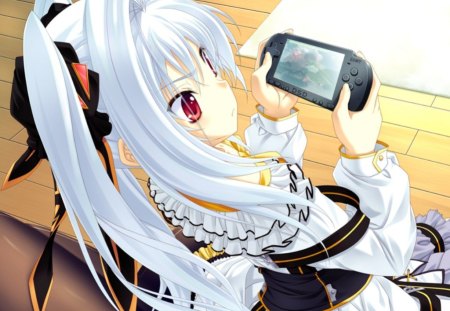 Playing PSP - anime, play, female, dress, long hair, white hair, ribbon, platstation, silver hair, anime girl, psp, hot, girl, playing, red eyes, cute, games, sexy