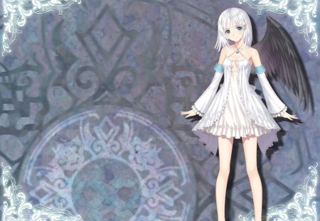 Panis Angelicus - anime, female, wing, dress, angel, white hair, short hair, plain, hd, silver hair, abstract, anime girl, hot, girl, simple, sundress, feather, wings, cute, sexy, shining ark