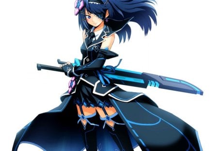 Swords Girl - Cute, Blue Eye, Cool, Anime, Girl, Original, Long Hair, Blue Hair, morizo cs, Flower, Sword, Cosmic Break