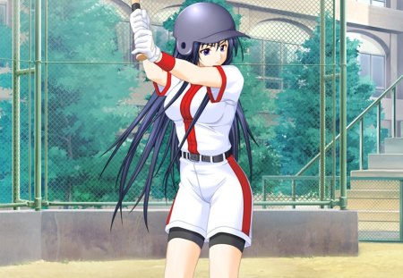 Playing BaseBall - anime, female, baseball, long hair, court, sport, helmet, blue hair, short, hd, anime girl, bat, hot, girl, fence, shirt, cute, jersey, sexy