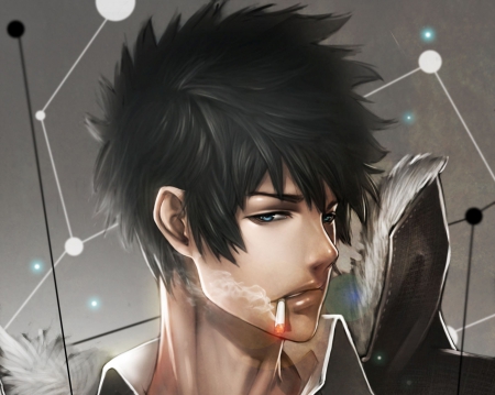 Shinya Kougami - anime, guy, male, short hair, hd, spiky hair, blue eyes, realistic, psycho pass, hot, cool, cg, handsome, shinya kougami, cigarette, black hair, smoke, 3d, sexy, close up