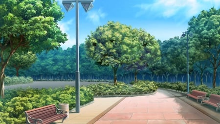 Botanical Park - pretty, anime, scenery, landscape, scene, plant, bench, hd, nice, sky, realistic, beautiful, scenic, beauty, lovely, sweet, tree, chair, cg, nature, cloud, 3d, park