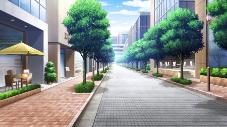 WalkWay - anime, scenery, town, landscape, scene, plant, stall, hd, sky, shop, house, realistic, road, city, scenic, tree, street, cg, cloud, 3d, building