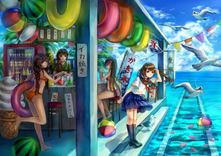 Beach fun!! - Ocean, Bikini, Girls, Anime, Sea train, Summer, Balls, Sexy, Seagulls, Beach, Sea