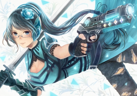 Blue Knight - jeans, anime, anime girl, gun, sword, cool, flower, knight, hair tail, headphones, blue color, glasses, modern, blue hair, blue eyes