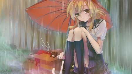 I'll protect you - brown eyes, anime, girl, blonde, school uniform, umbrella, sad, rain, teddy bear, schoolgirl