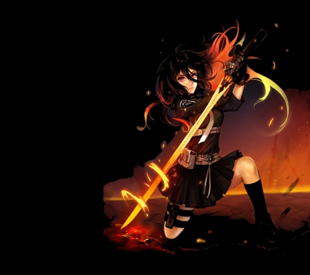 Flaming Sword - anime, female, warrior, gloomy, emotional, dark, gloom, fire, hd, weapon, sparks, creepy, anime girl, serious, creep, hot, girl, sword, flame, darkness, blade, black, sinister, cute, sexy, blaze