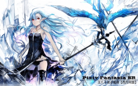 blue demon - bird, anime girl, female, magic, pixiv fantasia, blue bird, long hair, red eyes, ice, fantasy, blue hair, weapon, demon