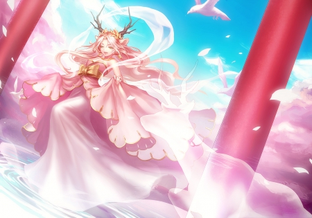 The forest goddess! - anime, birds, magic, female, animal ears, crown, dress, god, green eyes, magical, long hair, horns, pink hair, sky, clouds, anime girl, trees, ghost, beautiful, beauty, petals, fantasy, temple, spirits, pink dress