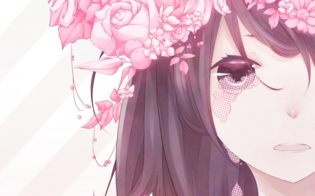 I miss you - pretty, tears, anime, female, crying, long hair, flowers, pink eyes, pik flowers, sad, female face, face, pink flowers, anime girl, beautiful, beauty, brown hair, sweet