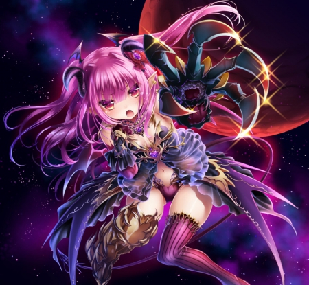 Demon GIrl - pretty, anime, night, pink, long hair, stars, dark, armor, purple, ribbons, beautiful, girl, beauty, lovely, red moon, black, angry, demon