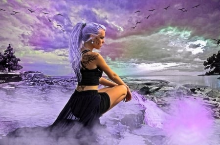 ~Dreaming Tattoo Girl~ - tattoo, creative pre-made, backgrounds, dress, digital art, weird things people wear, gothic, photomanipulation, girls, beautiful girls, fantasy, lady, purple, model female, purple world, purple hair