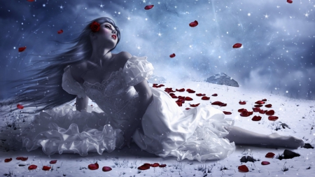 Cold Love Story - falling, bride, white, red, cold, rose, love, petals