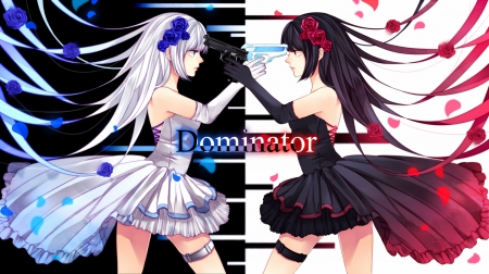 Two sides - blue light, roses, dresses, anime, red roses, blue roses, weapons, long hair, red light, white hair, beauties, black dress, nice, anime girls, blue eyes, beautiful, gun, cool, flower, petals, red eyes, white dress, awesome, black hair, two sides, sexy, gloves