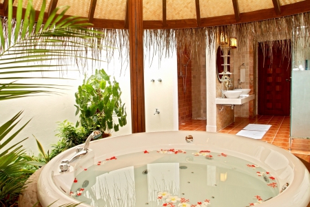 Outdoor Spa Bathroom - relax, jacuzzi, bath, island, outside, flowers, villa, holiday, exotic, paradise, hot tub, spa, beauty, bathroom, petals, bathe, islands, outdoors, tropical, rose