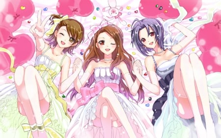 It's Party Time Girls!!! - dresses, brown eyes, anime, winks, bows, brown hair, red eyes, colorful, idolmaster, futami ami, miura azusa, friends, purple hair, minase iori, necklaces, gloves