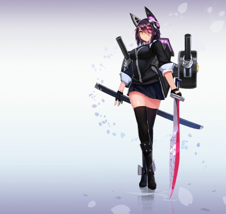 Gun n Sword - anime, female, boots, ears, nekomimi, emotional, plain, mecha, hd, weapon, neko, anime girl, serious, hot, girl, sword, simple, blade, neko mimi, cute, sexy