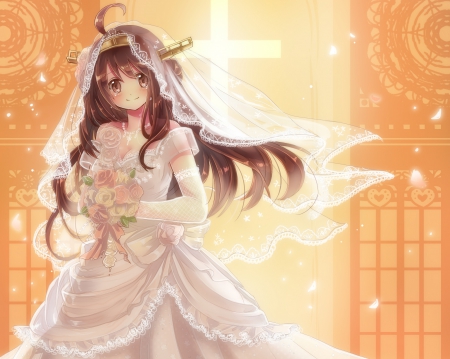 ♡ Bride ♡ - pretty, anime, elegant, kawaii, divine, female, dress, long hair, happy, nice, veil, brown eyes, bride, gown, anime girl, beautiful, hot, wedding, girl, beauty, lovely, brown hair, sweet, flower, petals, bouquet, cute, sexy