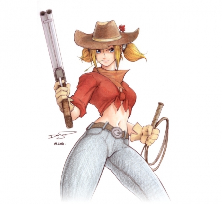 CowGirl - anime, female, western, cowgirl, pistol, plain, weapon, whip, hat, anime girl, beautiful, hot, gun, girl, simple, beauty, sexy