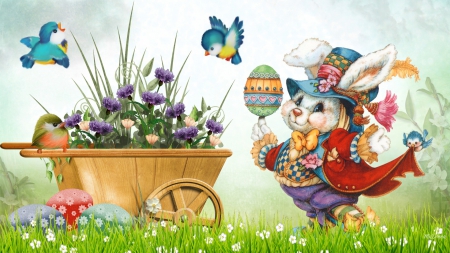 Vintage Easter Bunny - eggs, birds, Flowers, cart, whimsical, spring, grass, bunny, Easter, basket, vintage, cute