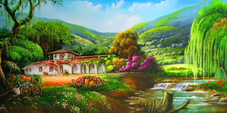 Rural landscape - cascades, creek, landscape, stream, grass, oil, mountain, flowers, countryside, art, cottage, house, beautiful, lovely, village, river, painting, serenity, rural