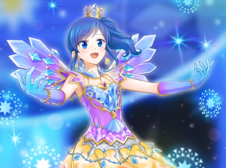 Crystal Wings - pretty, anime, tiara, female, wing, maiden, crown, dress, angel, long hair, crystal, happy, blue hair, nice, anime girl, beautiful, girl, beauty, lovely, sweet, smile, lady, wings