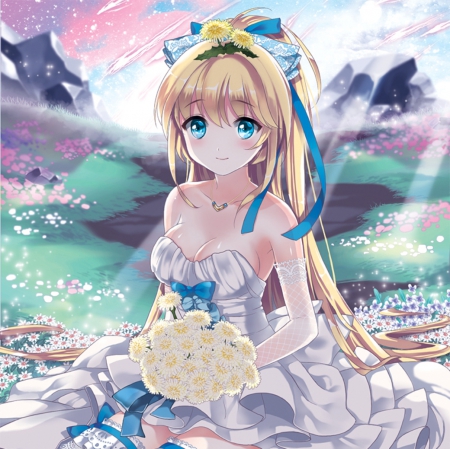 Sexy Bride - female, blossom, maiden, blond, gown, bride, hot, wedding, beauty, flower, petals, bouquet, white, lady, floral, sexy, anime, kawaii, dress, blonde, wed, blond hair, long hair, ribbon, anime girl, beautiful, girl, blonde hair, lovely, sweet, e prety, adorable, nic