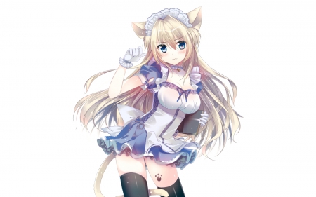 Maid Neko - anime, kawaii, female, ears, dress, blonde, nekomimi, blond hair, tail, long hair, e pretty, blond, plain, gown, neko, anime girl, hot, girl, simple, blonde hair, lovely, sweet, white, neko mimi, cute, adorable, nic, sexy