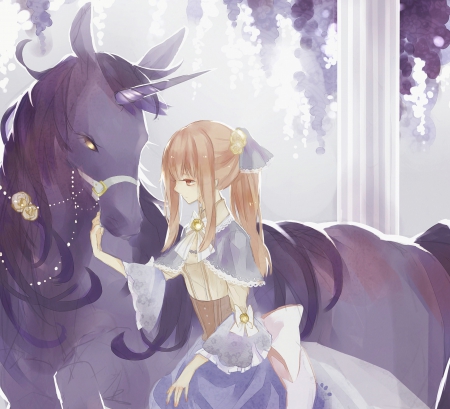 Black Unicorn - pretty, anime, female, blue, maiden, dress, horn, unicorn, art, beautiful, girl, beauty, lovely, sweet, black, grey, white, lady, cute