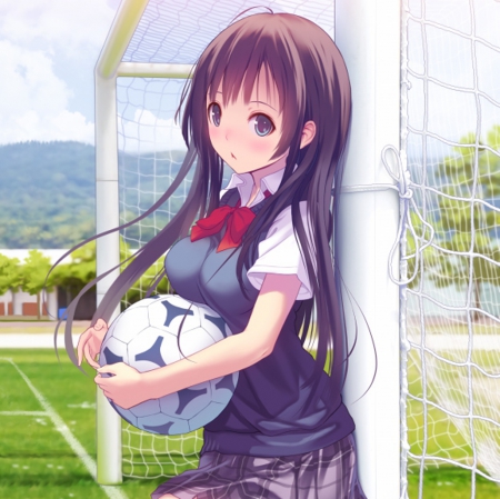 Soccer Ball - pretty, blushing, anime, female, scene, long hair, football, hd, field, soccer, nice, sports, anime girl, ball, beautiful, holding, girl, blush, beauty, lovely, brown hair, sweet, cg, awesome, hold, soccerball