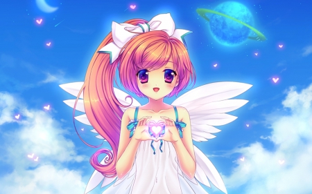 Angel Heart - pretty, star, blushing, ponytail, heart, magic, female, wing, planet, angel, happy, nice, beauty, feather, love, white, wings, hite, anime, blue, kawaii, dress, long hair, ribbon, smiling, sky, anime girl, beautiful, girl, blush, sundress, lovely, brown hair, sweet, fantasy, smile, cloud, adorable