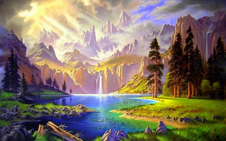 ✫Paradise on Earth✫ - waterfalls, summer, attractions in dreams, scenery, rivers, creative pre-made, stunning, landscapes, paradise, trees, beautiful, paintings, colors, paranomic view, nature, love four seasons, mountains